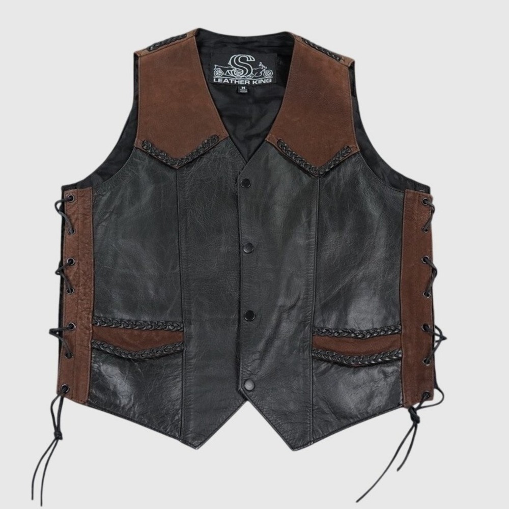 Leather King Motorcycle Vest Mens Medium Black Brown Suede Lace Up Biker Western